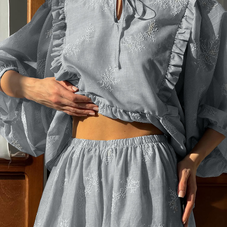 Embroidery Ruffle Tie Neck Puff Sleeve Crop Top & Wide Leg Pants 2-Piece Loungewear Set 7