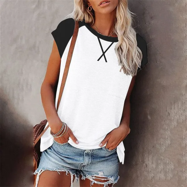 Women's Loose Round Neck Color Matching Pullover T shirt White - Shop at LoveMi