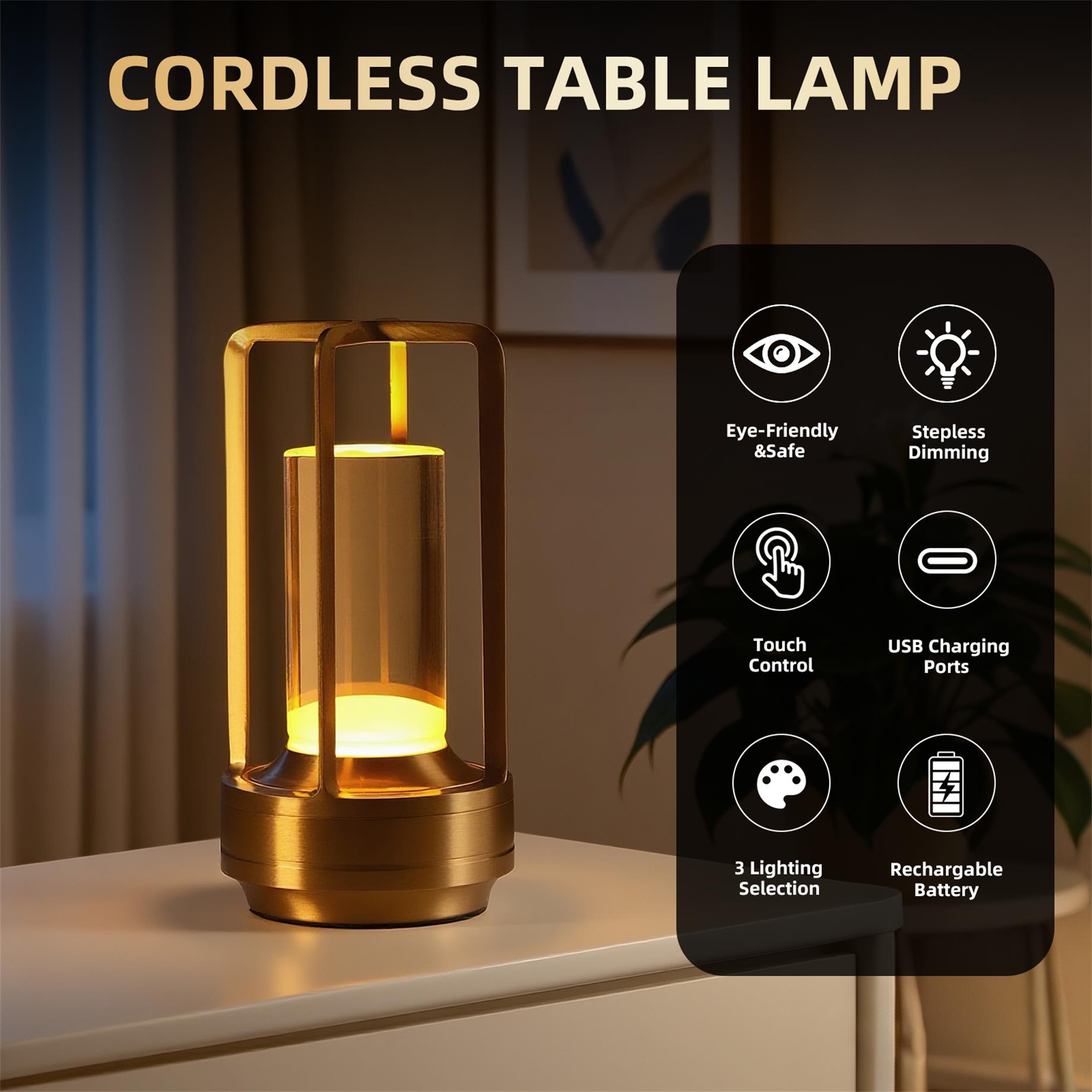 2pcs Portable Touch Control Table Lamp With 5000mAh Battery, 3-Color Stepless Dimming Cordless LED Light For Bedroom Camping Restaurant Bar Indoo view 6