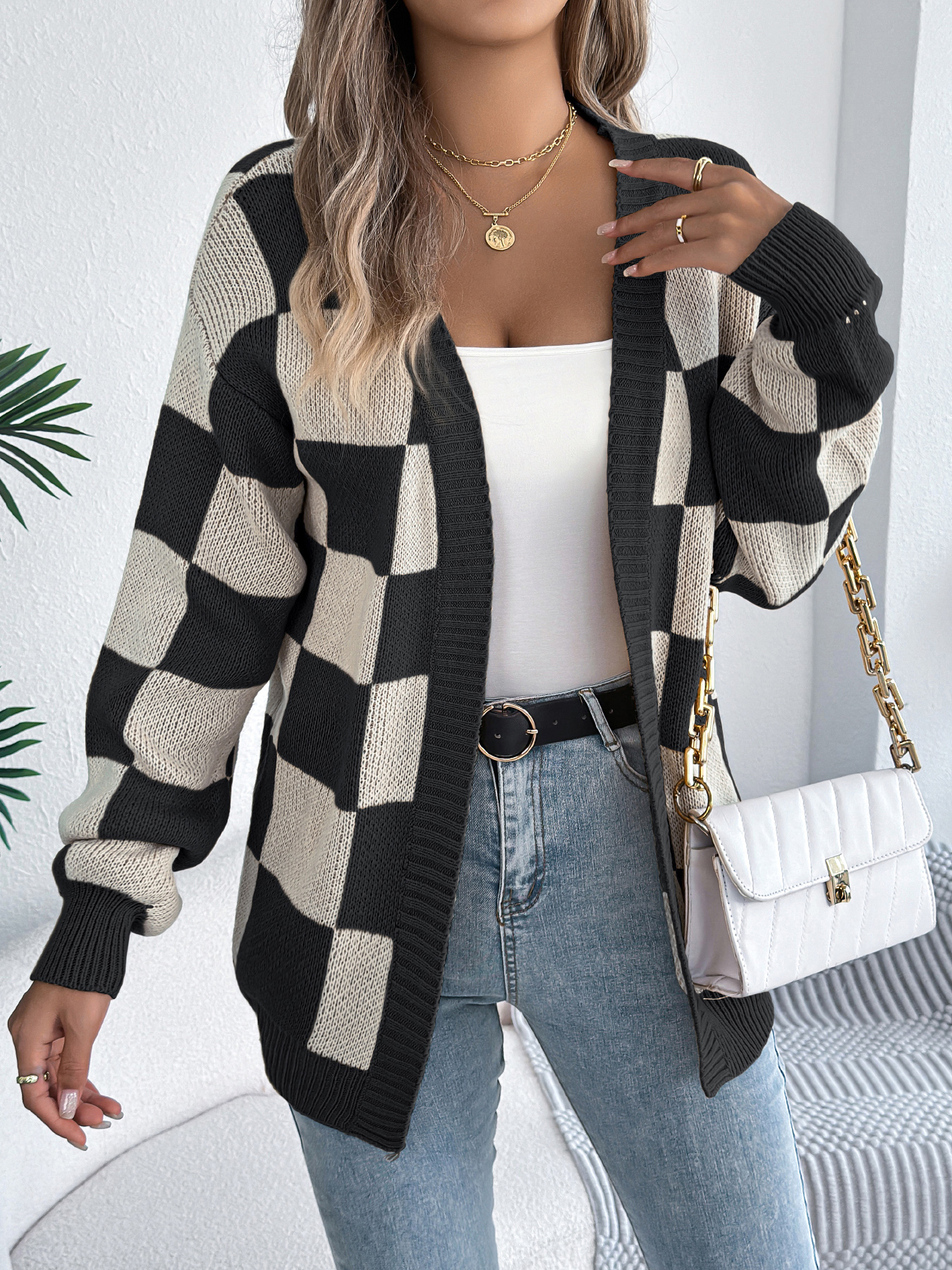 Color Block Plaid Lantern Sleeve Cardigan Sweater Mid-Length Coat - Image 10