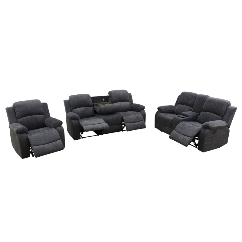 Pickup Only--Dark Grey Corduroy 3-Piece Living Room Recliner Sofa