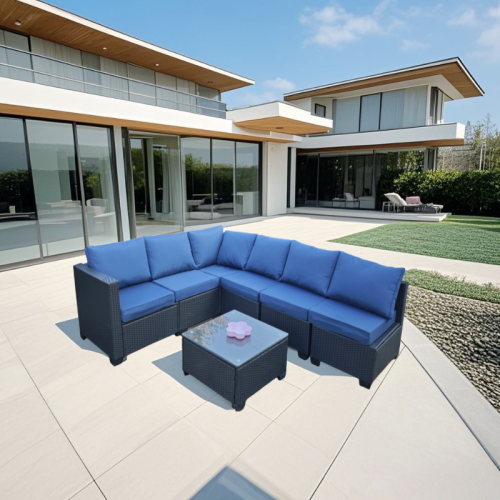 7 Piece Black Rattan Outdoor Sofa Set Table With Sofa Chair