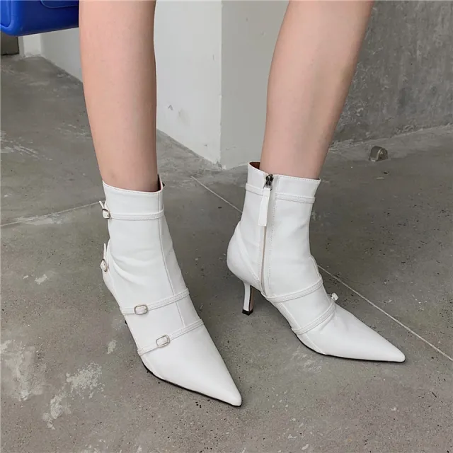 Short Boots Pointed Toe Stiletto Heels French Fashion Casual White - Shop at LoveMi