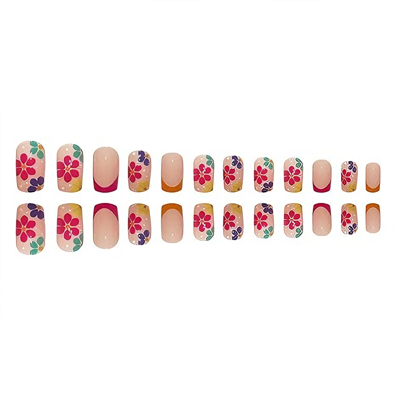 24 PCS Press On Nails Short Square Fake With Nail Glue French False Flower Designs Acrylic Artificial Full Cover Stick For Women