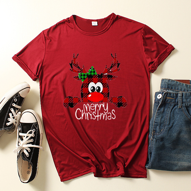 Casual Christmas Print Round Neck Short sleeved T shirt Wine Red - Shop at LoveMi