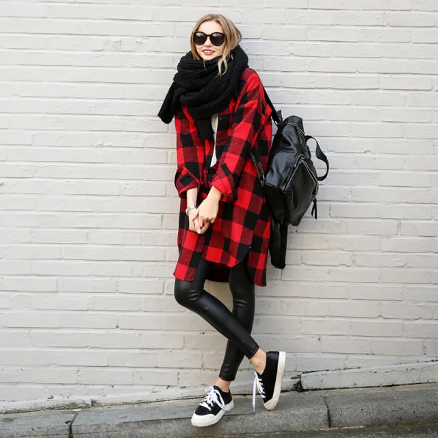 Plaid Shirt Women Loose Korean Style Bf Port Style Jacket Red Black Grid - Shop at LoveMi