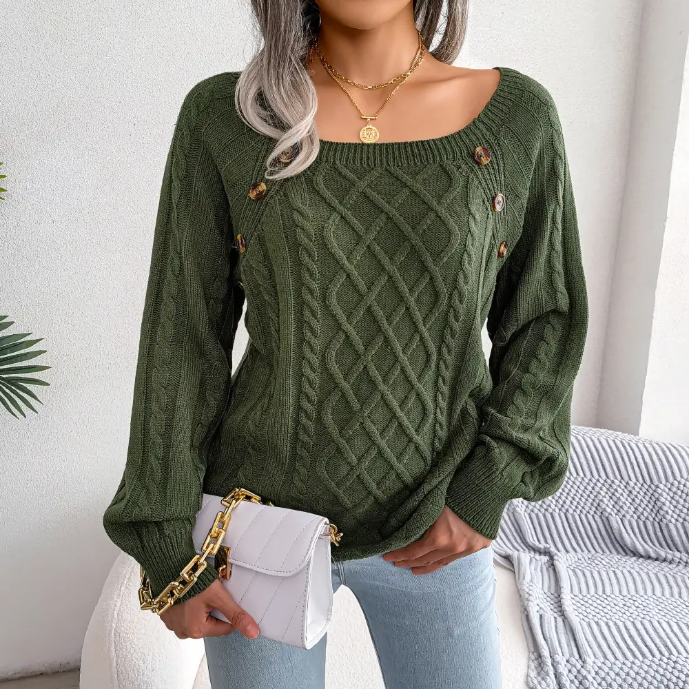 Casual Square Collar Button Twist Knit Pullover Sweater