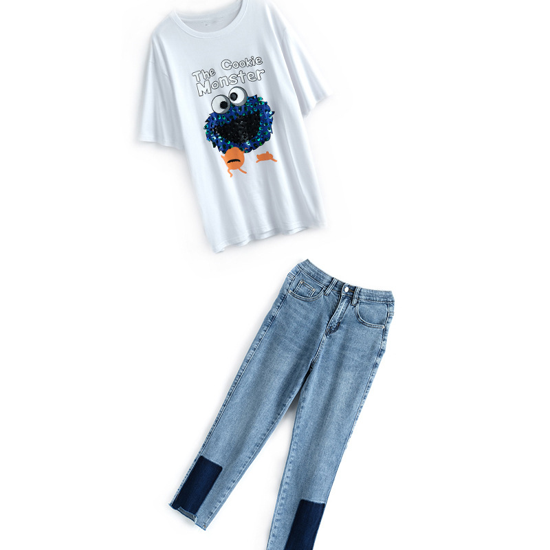 Double-sided Mercerized Cotton Sequined Beaded T-shirt