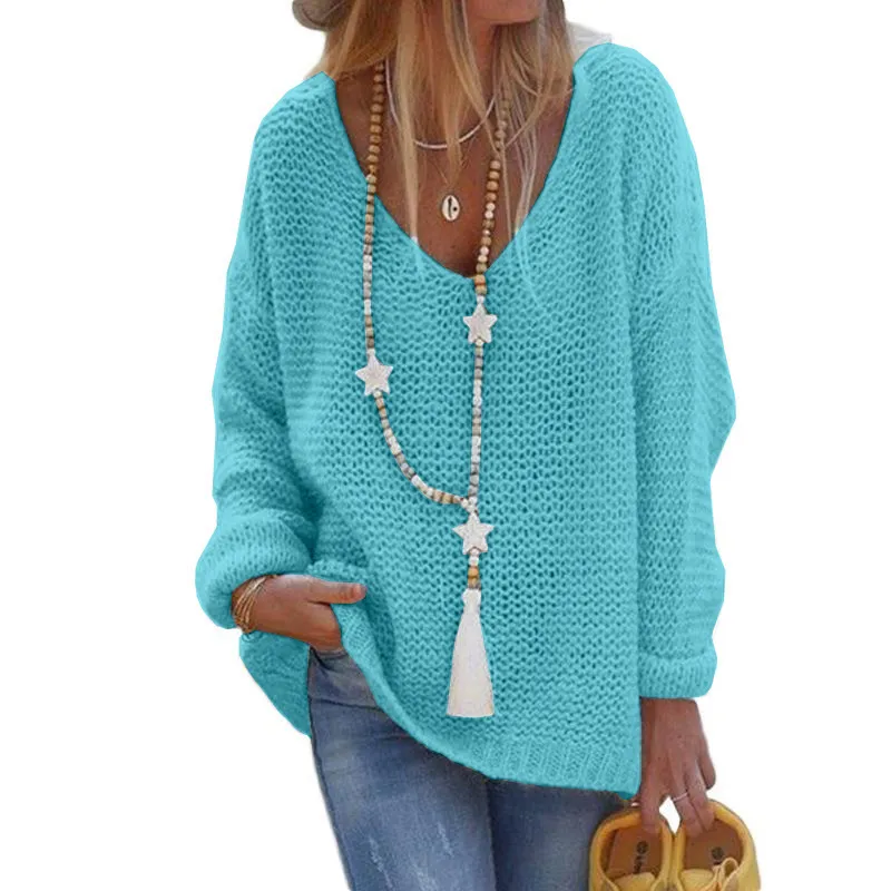 V-neck Long Sleeve Knit Top - Blue