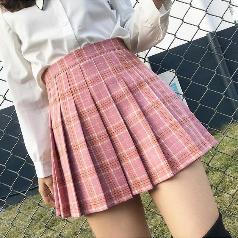 Spring And Summer Jk White A line New Korean Version High Waist Short Skirt Pink Checked Zipper - Shop at LoveMi