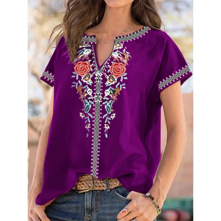 Women's Bohemian New Short Sleeve T-shirt - Flower Purple