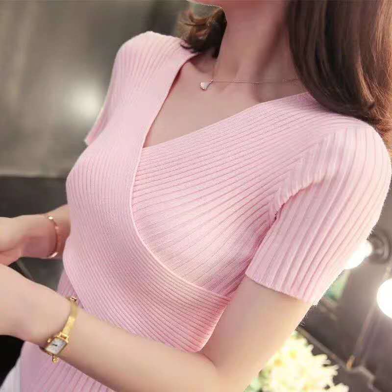 Short Sleeve Knitted V Neck Bottoming Shirt