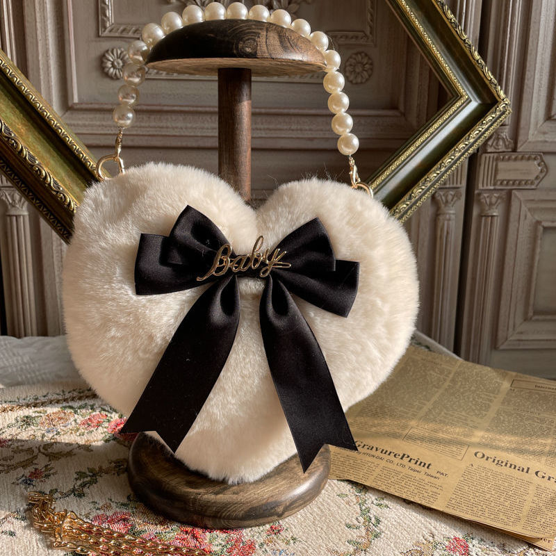 Crossbody Heart Bag Plush Pearl Chain
