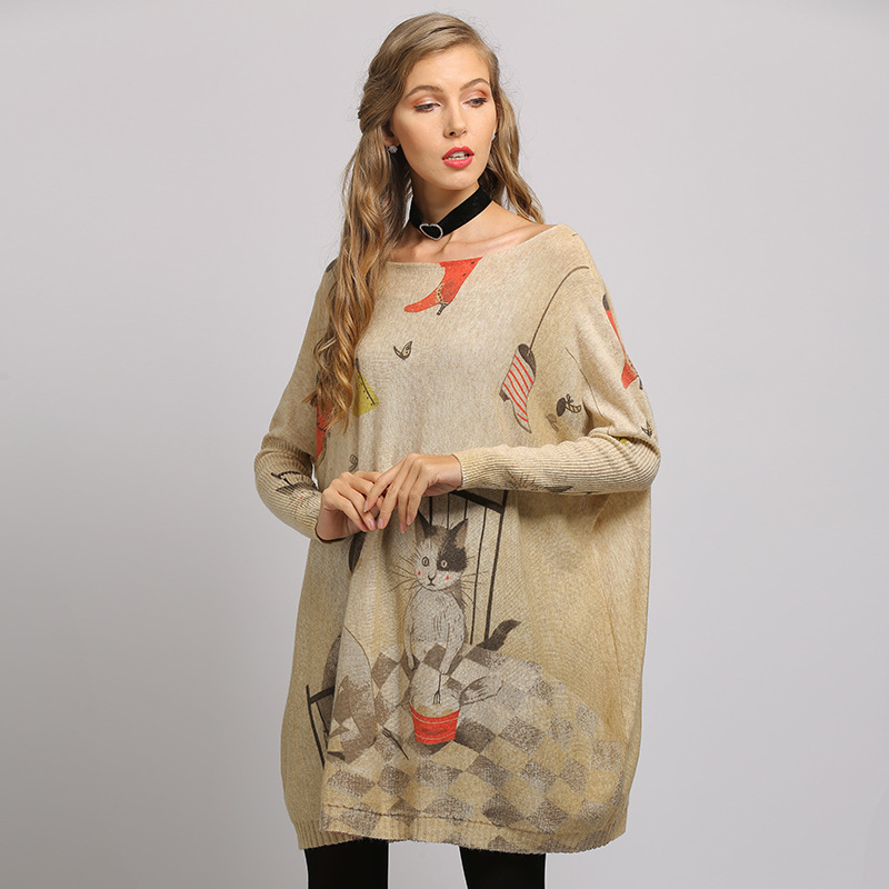 Cartoon Loose Print Plus Size Knitted Sweater Batwing Sleeve
