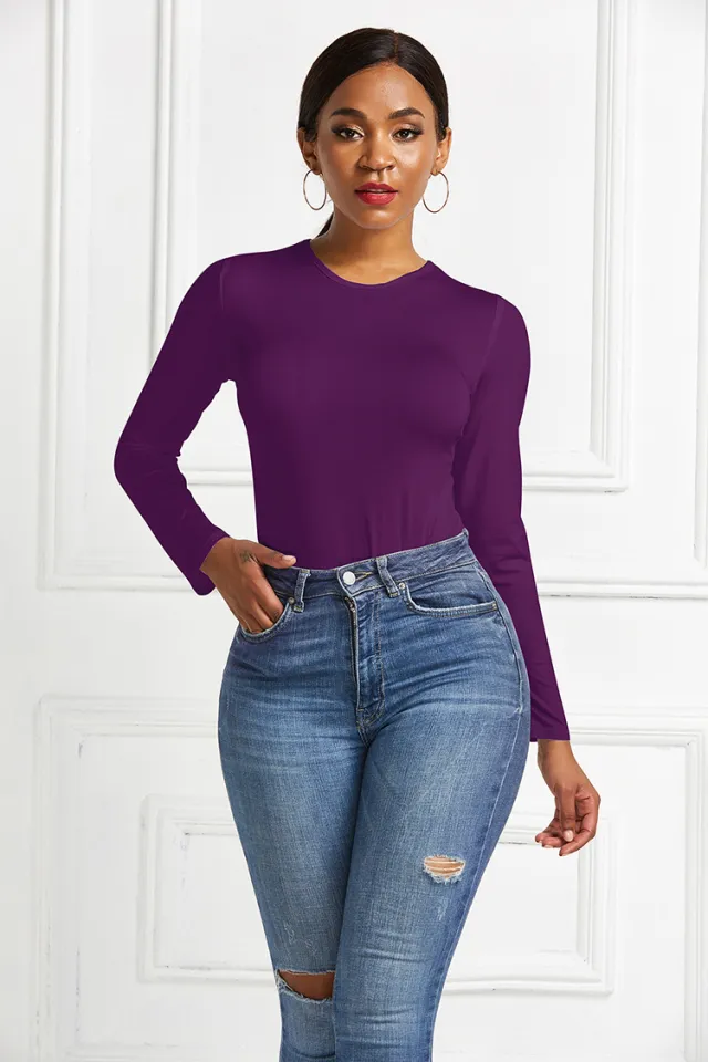 Bodysuit Women's Solid Color Long sleeved Round Neck Bottoming Shirt Top Purple - Shop at LoveMi