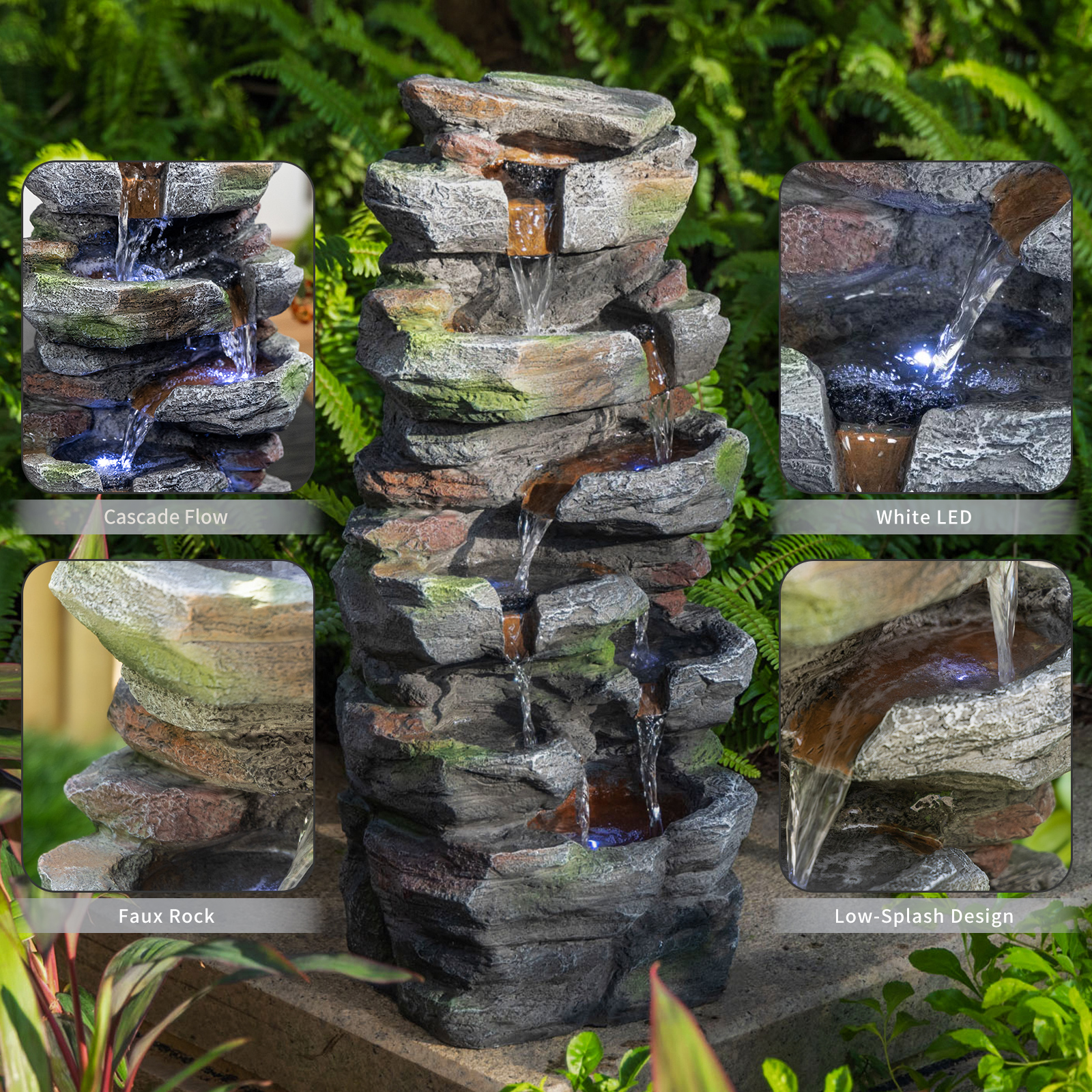 Rock Waterfall Outdoor Fountain With LED Lights Stone Garden Fountains Outdoor For Patio Lawn Cascading Tiered Outdoor Water Fountain — foto 13