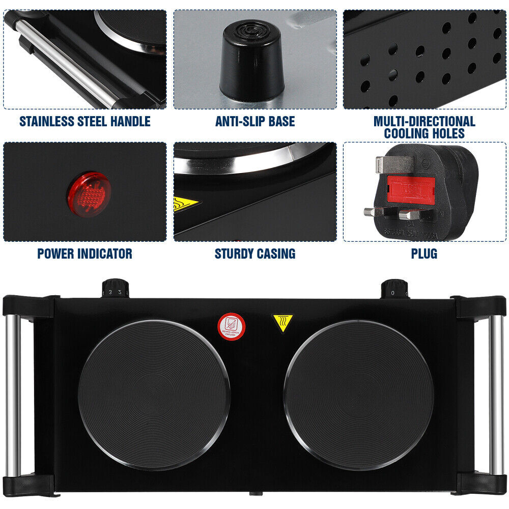 2000W Electric Cooker Double Hob Hot Plate Stove W Handle Table Hob Kitchen 12