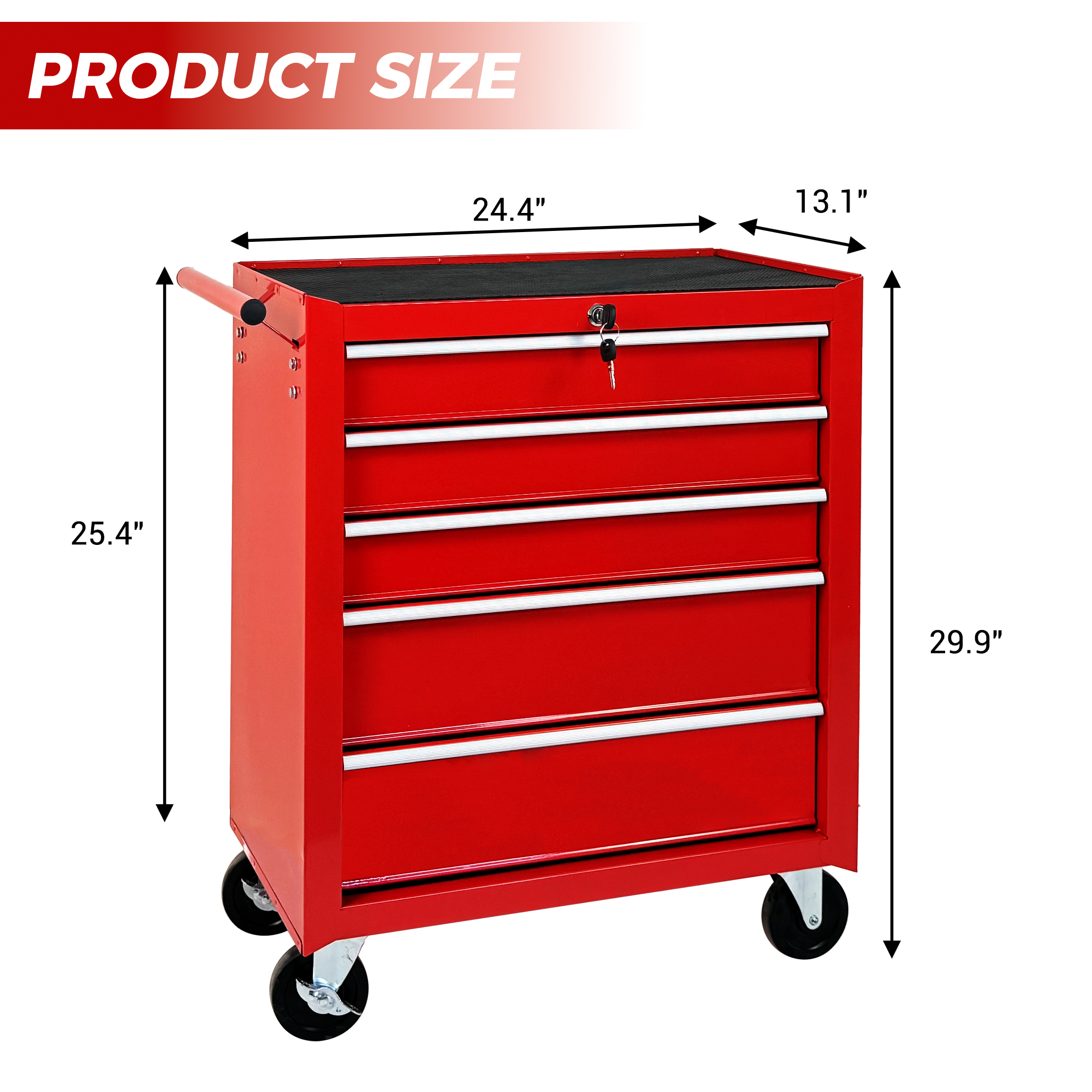5-Drawer Rolling Tool Chest W Lock & Key, Tool Storage Cabinet With Wheels, Top Cushion & Drawer Liners, Tool Organizer Box For Garage, Warehouse & Repair Shop-RED thumbnail 5