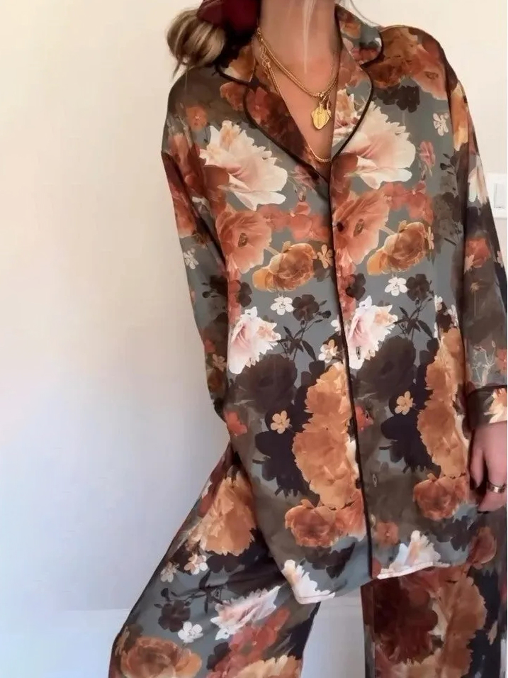 Vintage Floral Print Satin Pajama Set