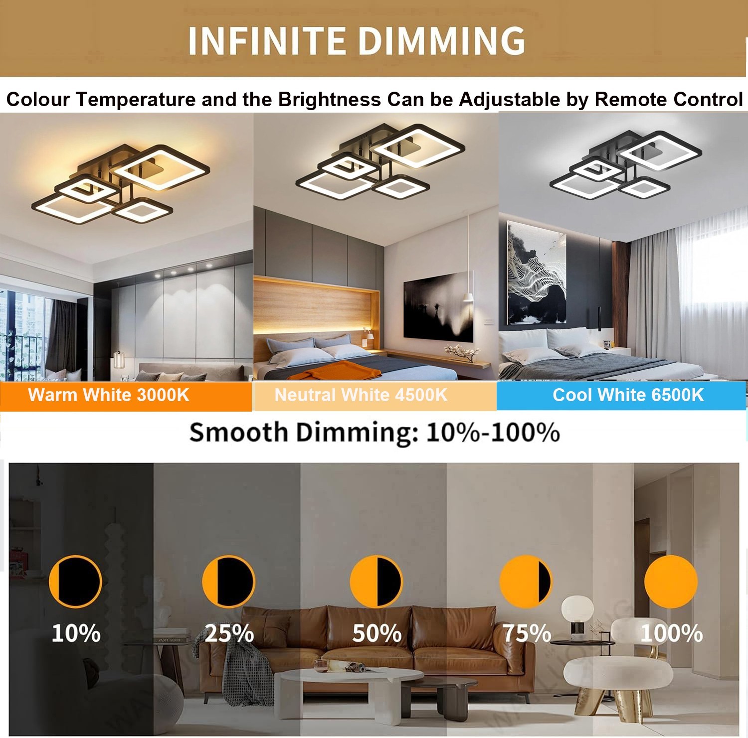54W Modern LED Ceiling Light Dimmable Black Chandelier Living Room Romote — image 6