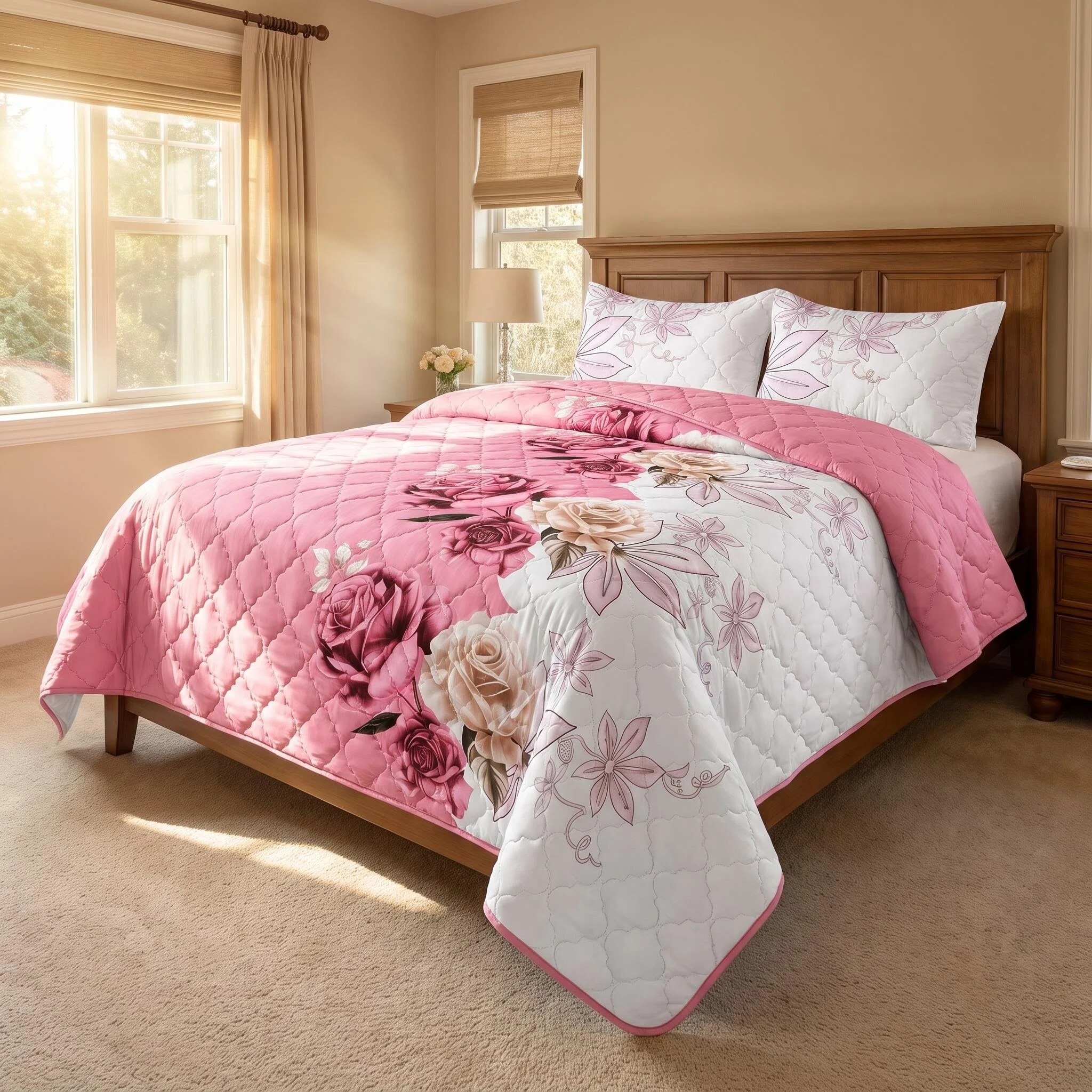 3-Piece Pink Rose Quilted Bedspread Set For King And California King