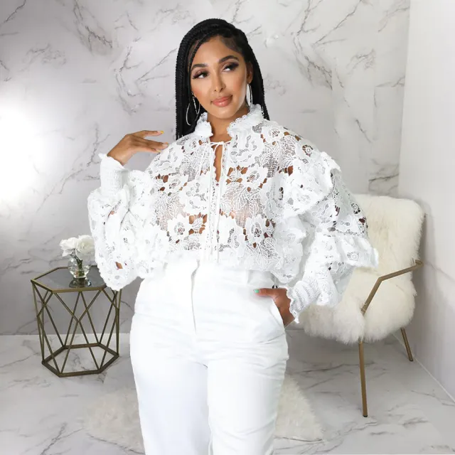 Women's Hollow Lace Lace Cardigan Lantern Sleeve Coat Shirt White - Shop at LoveMi