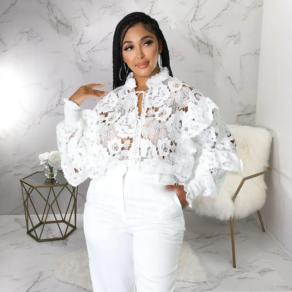 Women's Hollow Lace Lace Cardigan Lantern Sleeve Coat Shirt - White