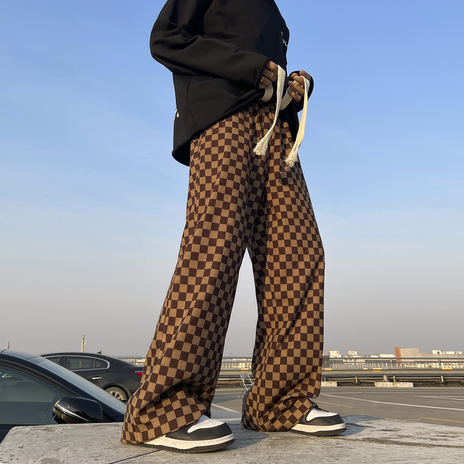 Checkerboard Retro Sweatpants Hong Kong Style Loose