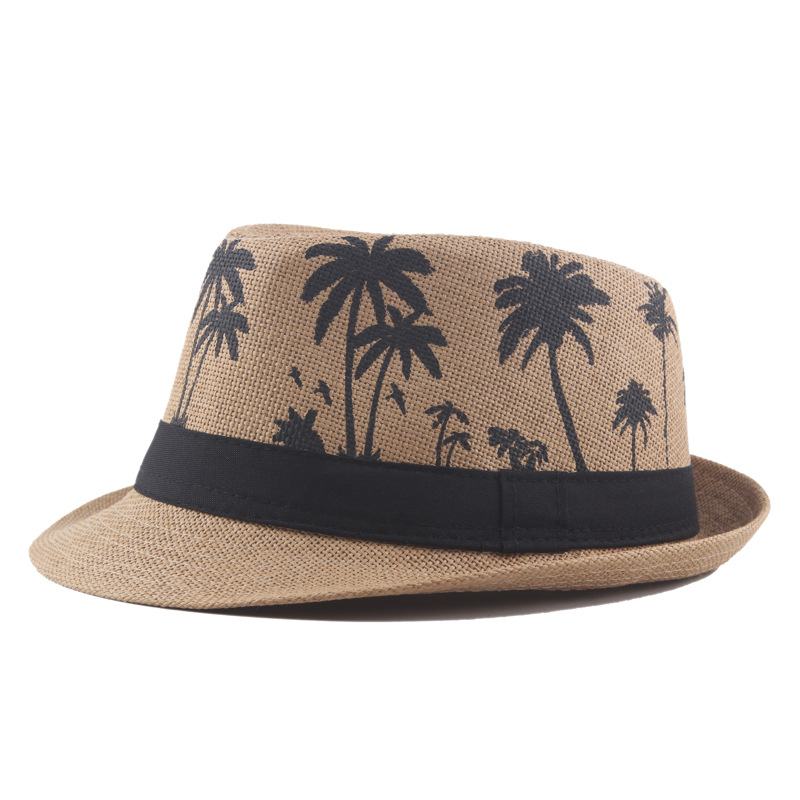 Palm Print Coconut Pattern Curled Straw Hat