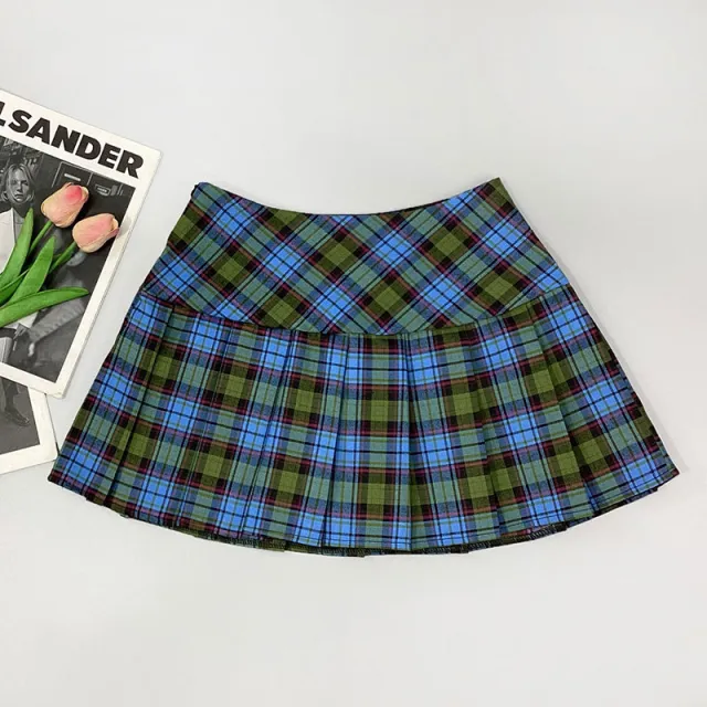 Women's High Waist Thin All Matching A Word Pleated Short Skirt Ins Blue Green Plaid - Shop at LoveMi
