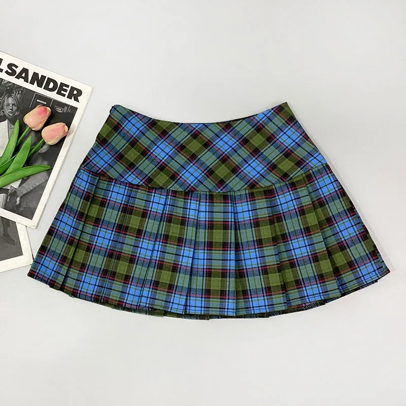 Women's High Waist Thin All Matching A Word Pleated Short Skirt Ins - Blue Green Plaid