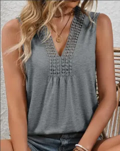 Stunning Lace V Neck Tank Top - Elegant Sleeveless Pleated Design, Flowy Silhouette, Breathable Fabric, Perfect For Spring & Summer, Women's Clothi... - View 1