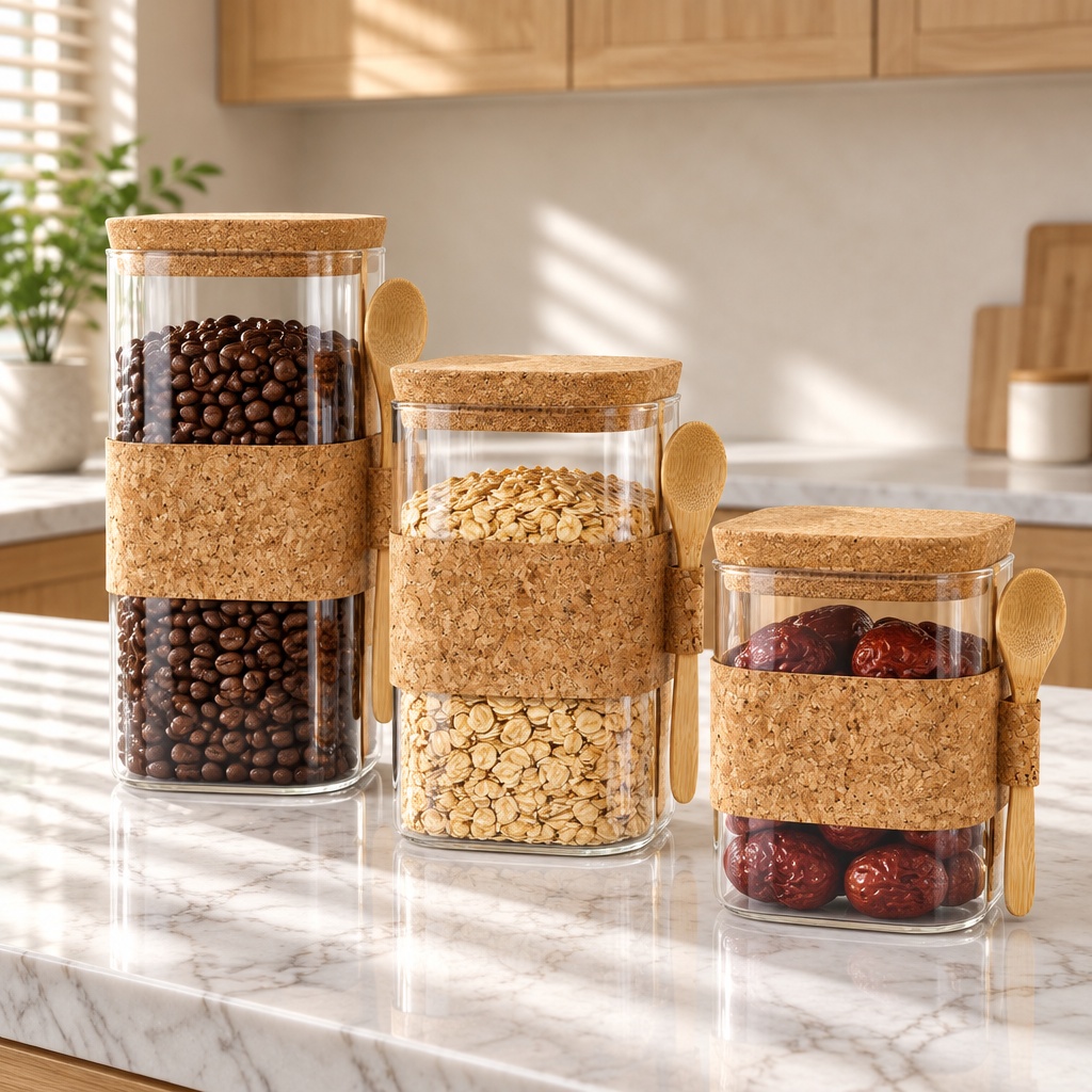 Square Glass Storage Jar With Cork Lid And Spoon,
