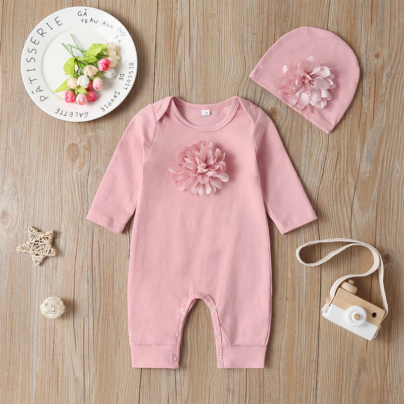 Long-sleeved Solid Color Floral Baby Jumpsuit
