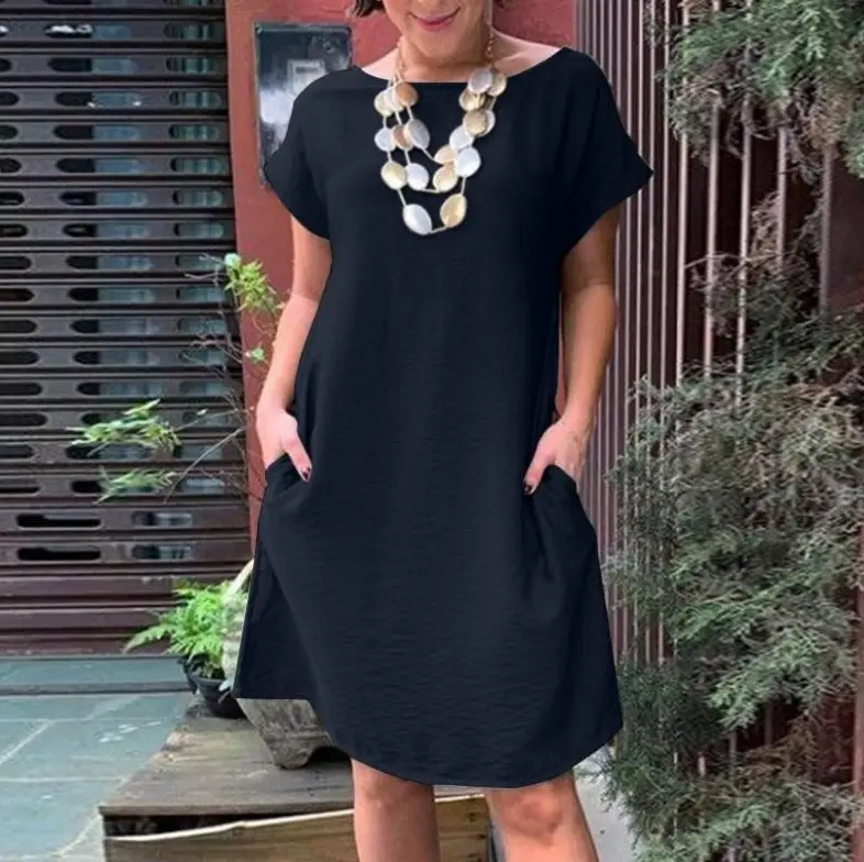 Women's Fashion Round Neck Short Sleeve Pocket Cotton Linen Dress