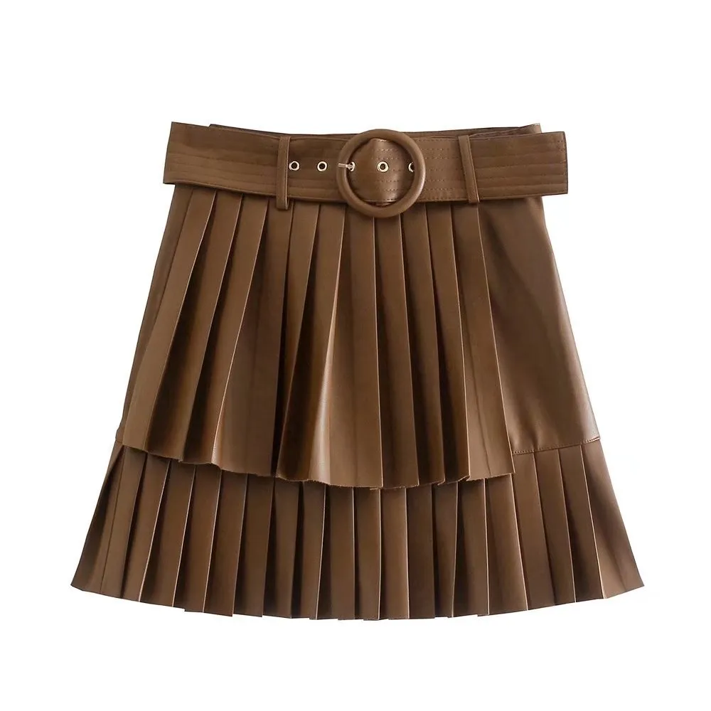 Women's PU Leather Pleated Skirt - Photo Color