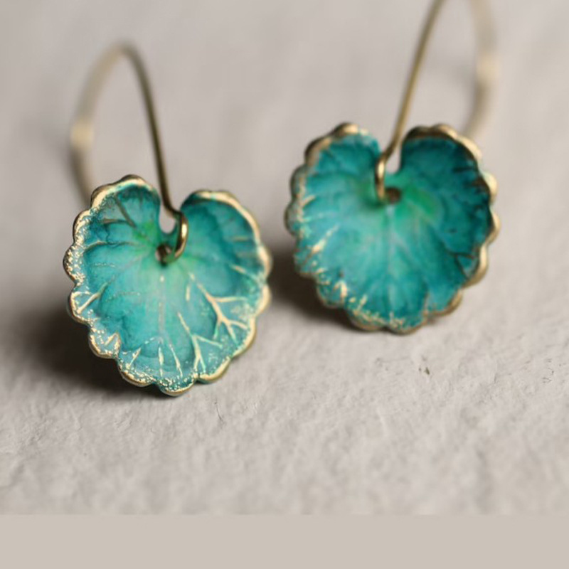 Title 4, Vintage Green Leaf Turquoise Lily Long Earrings