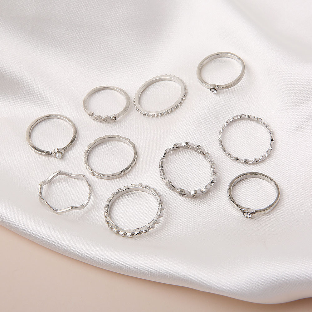 Ancient Silver Wave Twisted Twist Pearl Infinite Figure 8 Triangle Ring Set