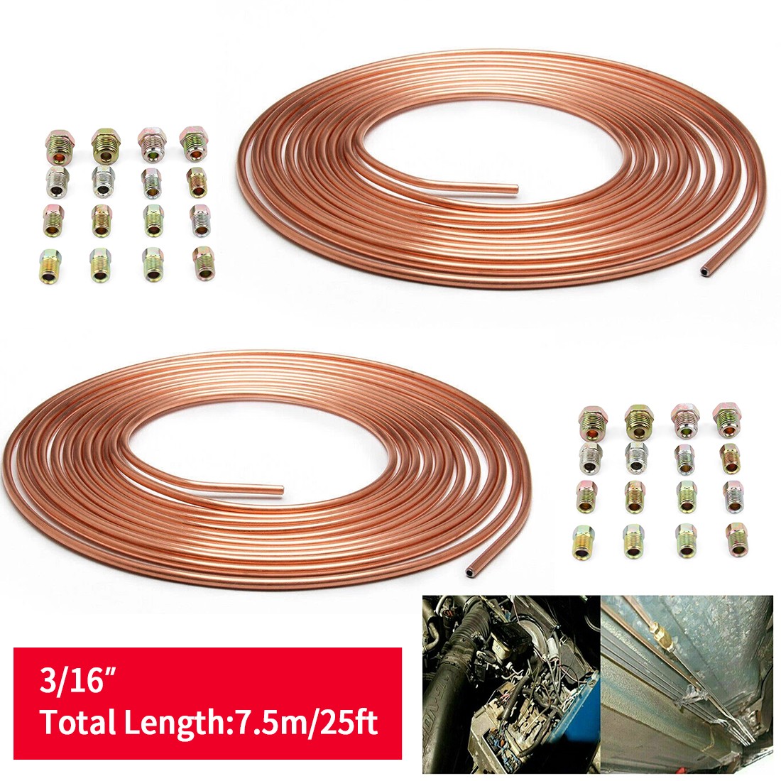 2x 25ft Copper Brake Pipe Line Tube Rolls Kit with 32 Nut Fittings — image 7