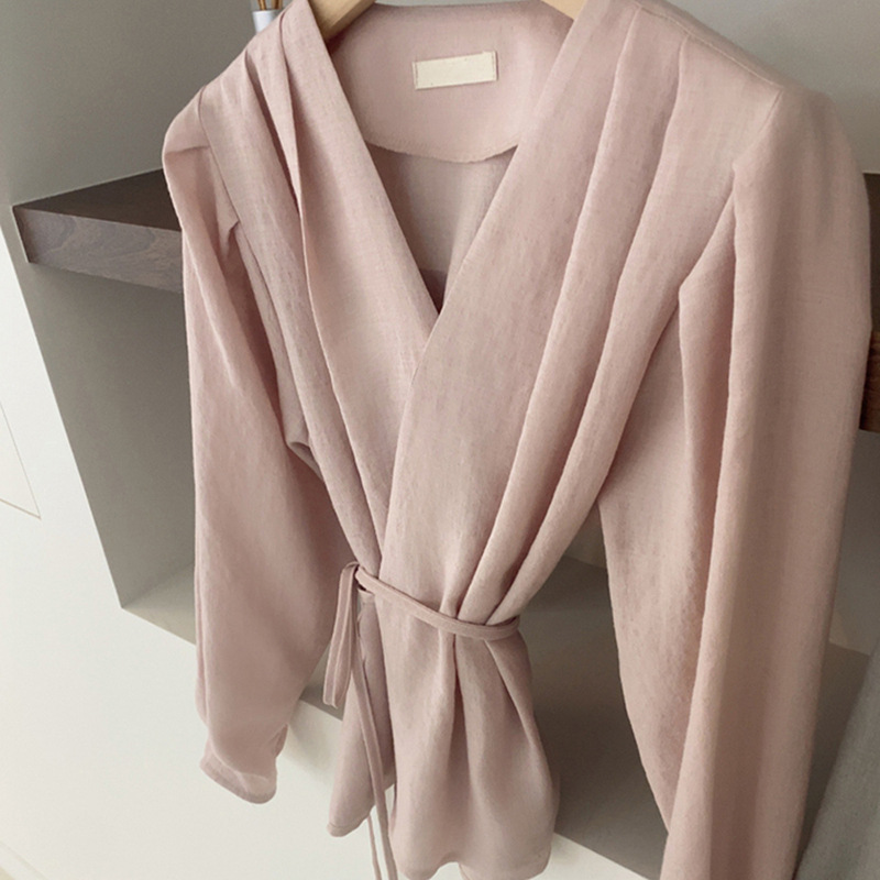 Women's Individuality Buttonless Waist Tie Solid Color Long Sleeve Shirts