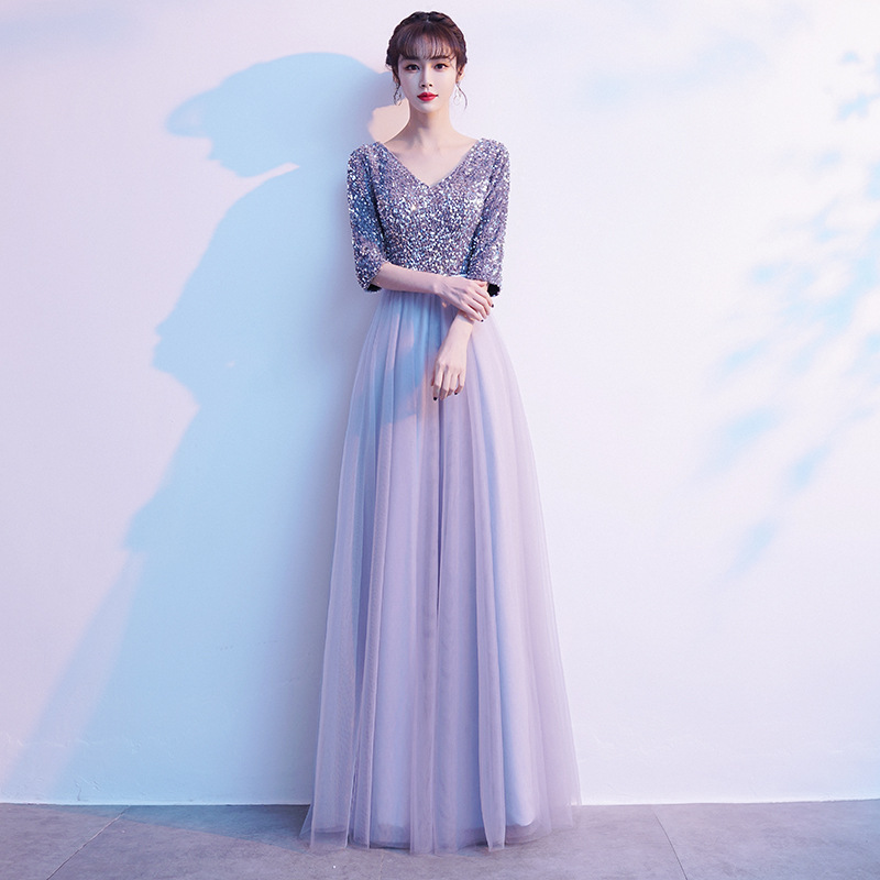 V-Neck Seven-Point Sleeve Evening Dress, picture 2 of 7