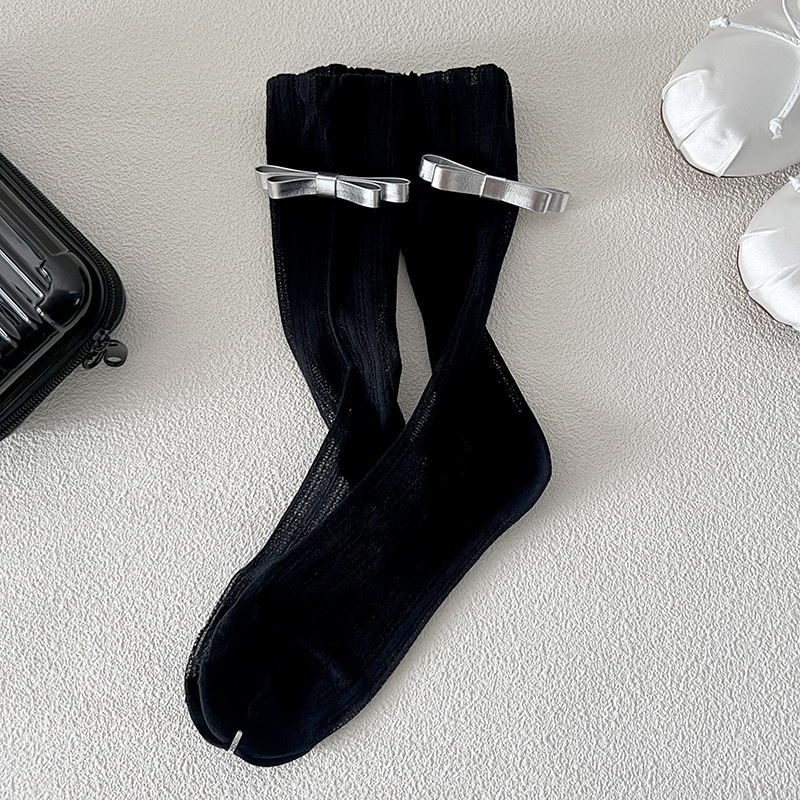 Black & White Satin Bow Ribbed Ankle Socks, Coquette Balletcore Sheer Knit Socks, Cute Silver Bow Mid-Calf Socks For Women