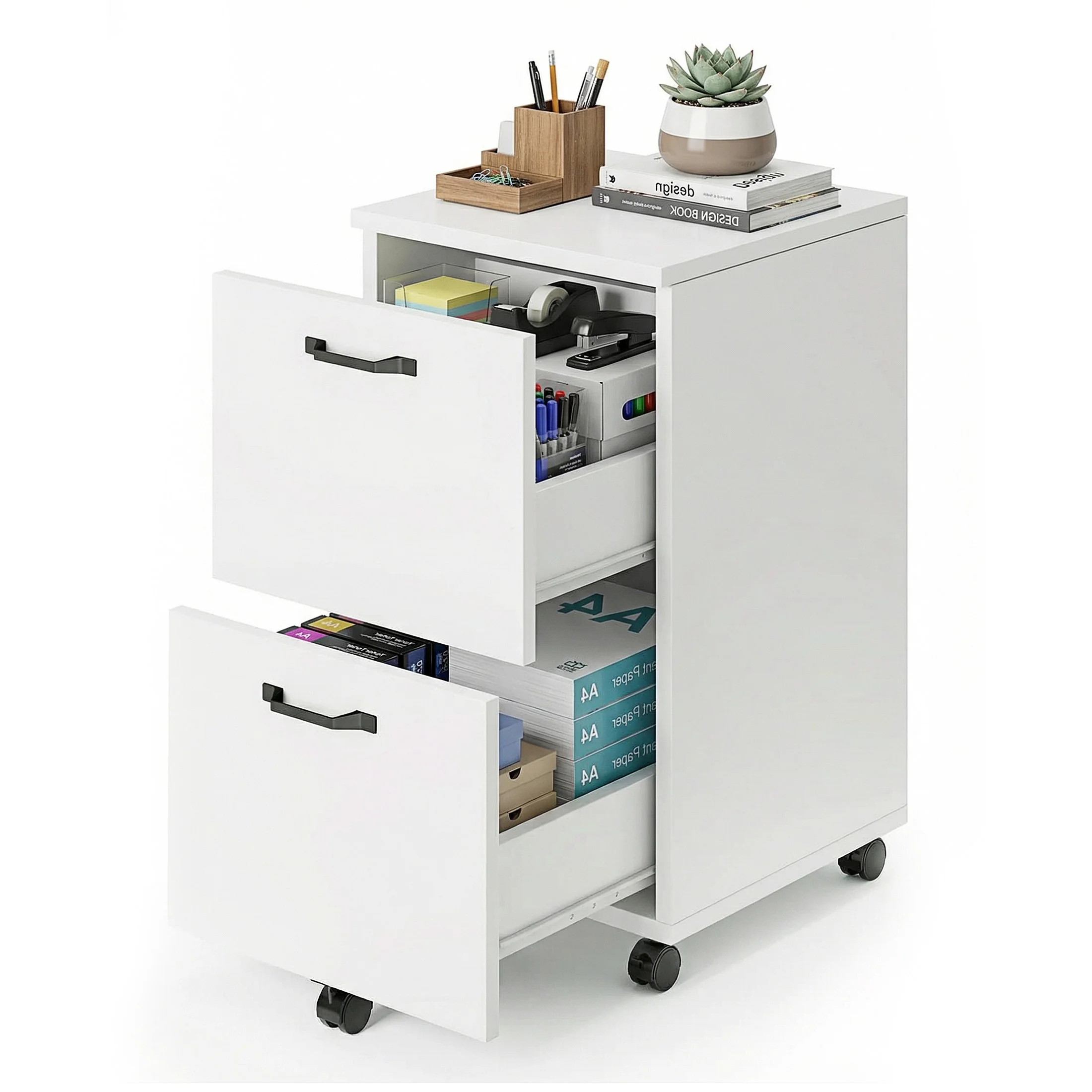 Double-drawer Filing Cabinet, With An Under-table Printer Stand And Lockable Wheels, Designed For Storing A4-sized And Standard-sized Documents._voghion.com