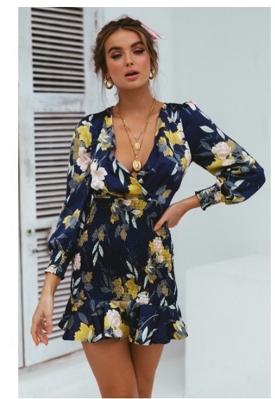 Printed V-Neck Cross Elastic Waist Dress