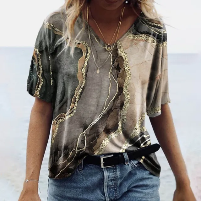 V Neck Short Sleeve Printed T Shirt Rr22061702 - Shop at LoveMi