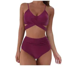 Women Sexy Soild Print Bikini Set Push Up Bathing Swimwear - Wine - View 1