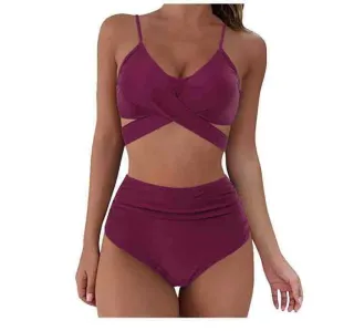 Women Sexy Soild Print Bikini Set Push Up Bathing Swimwear - Wine