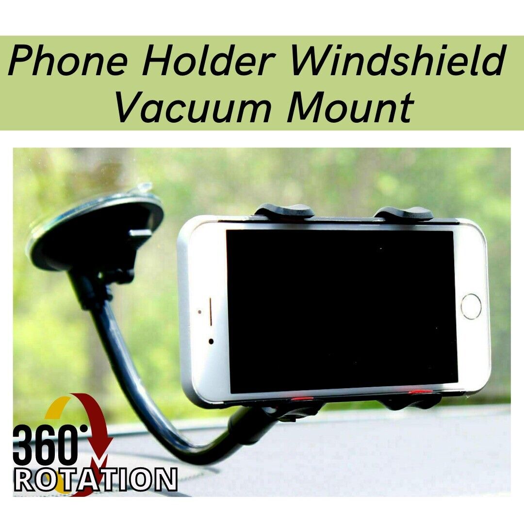 Adjustable car phone holder with 360° rotation and strong suction for windshield. Fits devices up to 3.54 inches wide. Durable arm with 360° rotation. No glue suction cup design. Made for car windshields only.