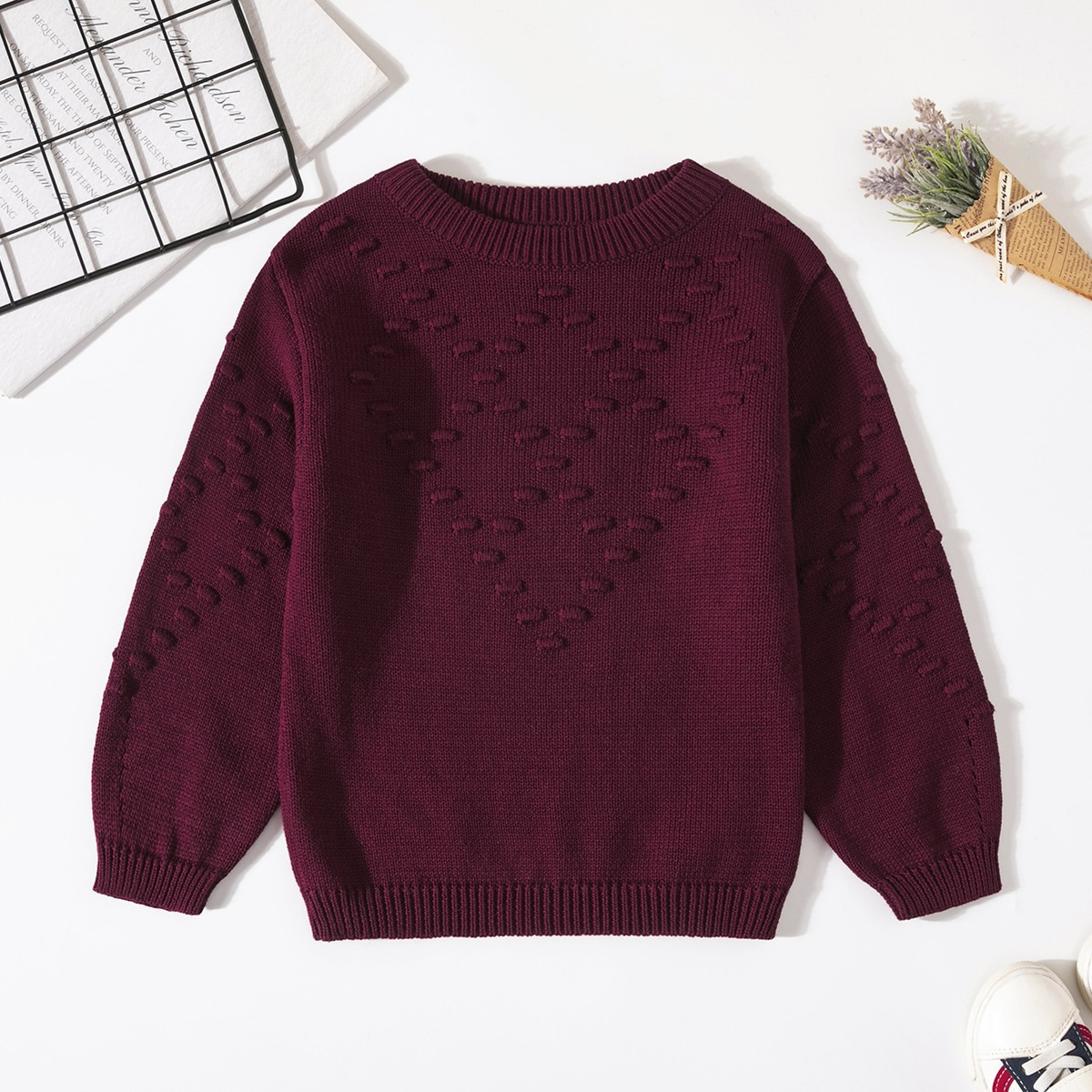 Girls' Diamond Knitted Sweater - Soft Solid Color Pullover Top