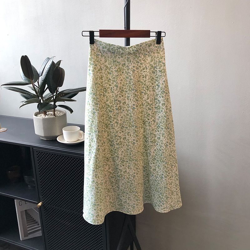 Fashion Retro Gentle Floral Skirt High Waist Mid Length Green - Shop at LoveMi